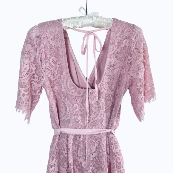 Francesca’s Lace Overlay Pink Floral Wrap Babydoll Mini Dress Women’s Small - Picture 6 of 10